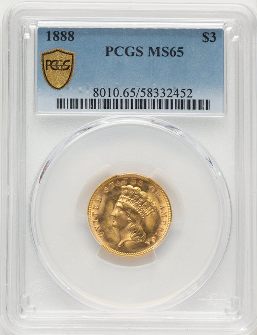 1888 $3 Three Dollar Gold Pieces PCGS MS65