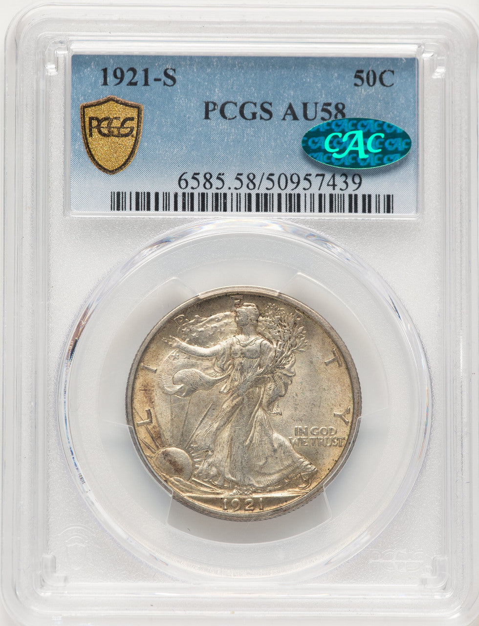 1921-S 50C CAC Walking Liberty Half Dollar PCGS AU58