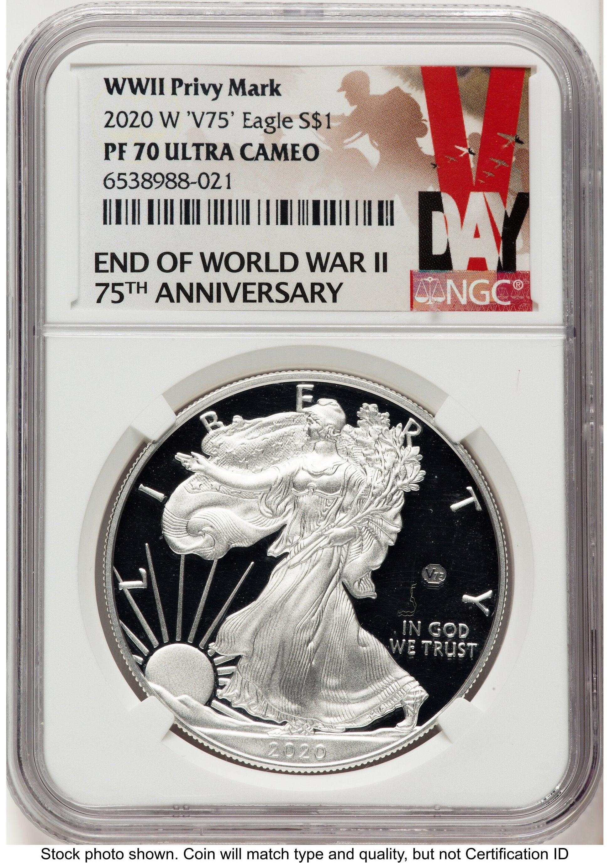 2020-W Proof Silver Eagle V75 Privy 1 oz V-Day Label NGC PF70