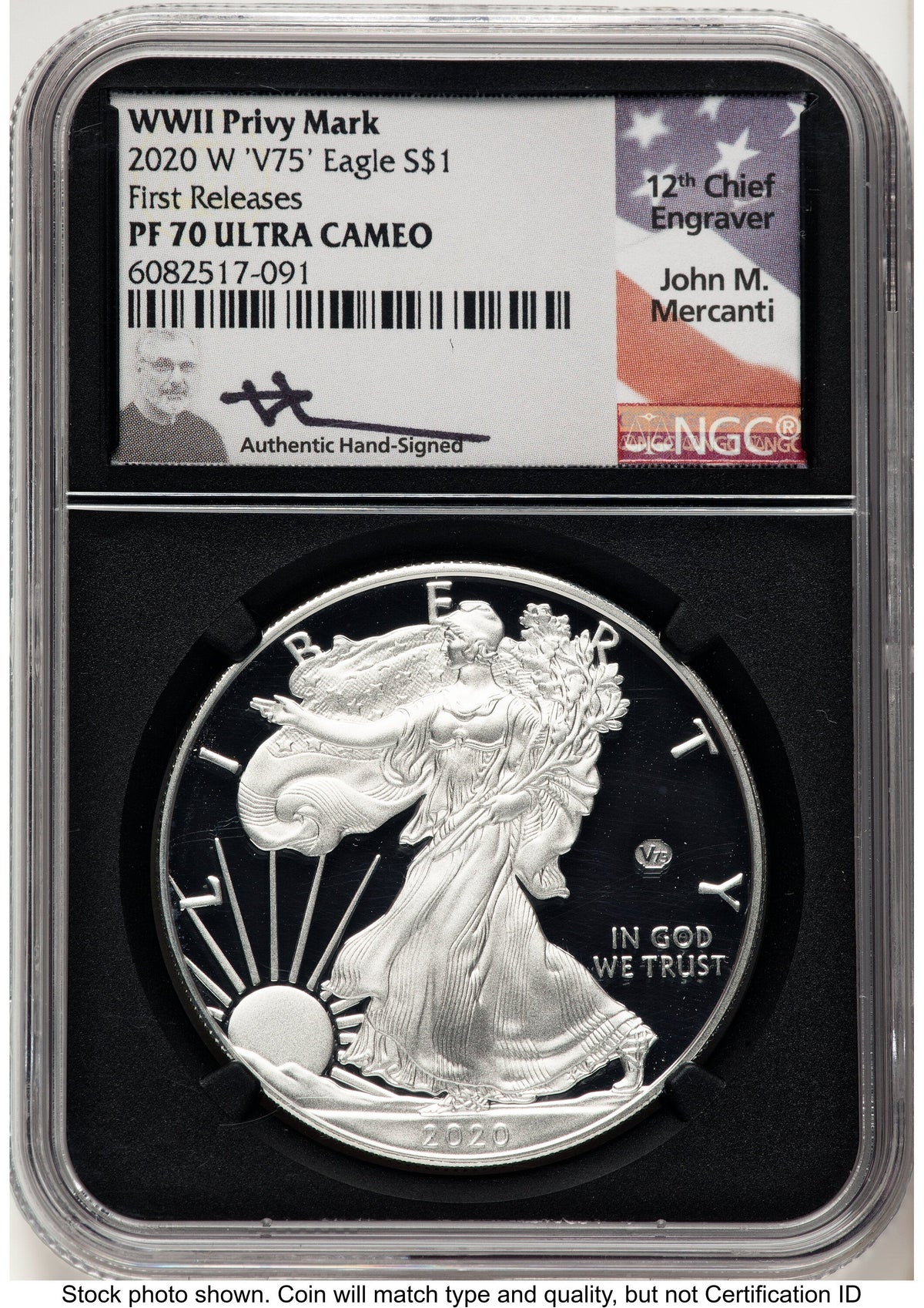 2020-W Proof Silver Eagle V75 Privy 1 oz FR John NGC PF70 Mercanti