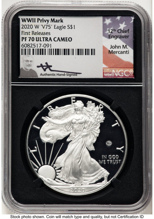 2020-W Proof Silver Eagle V75 Privy 1 oz FR John NGC PF70 Mercanti