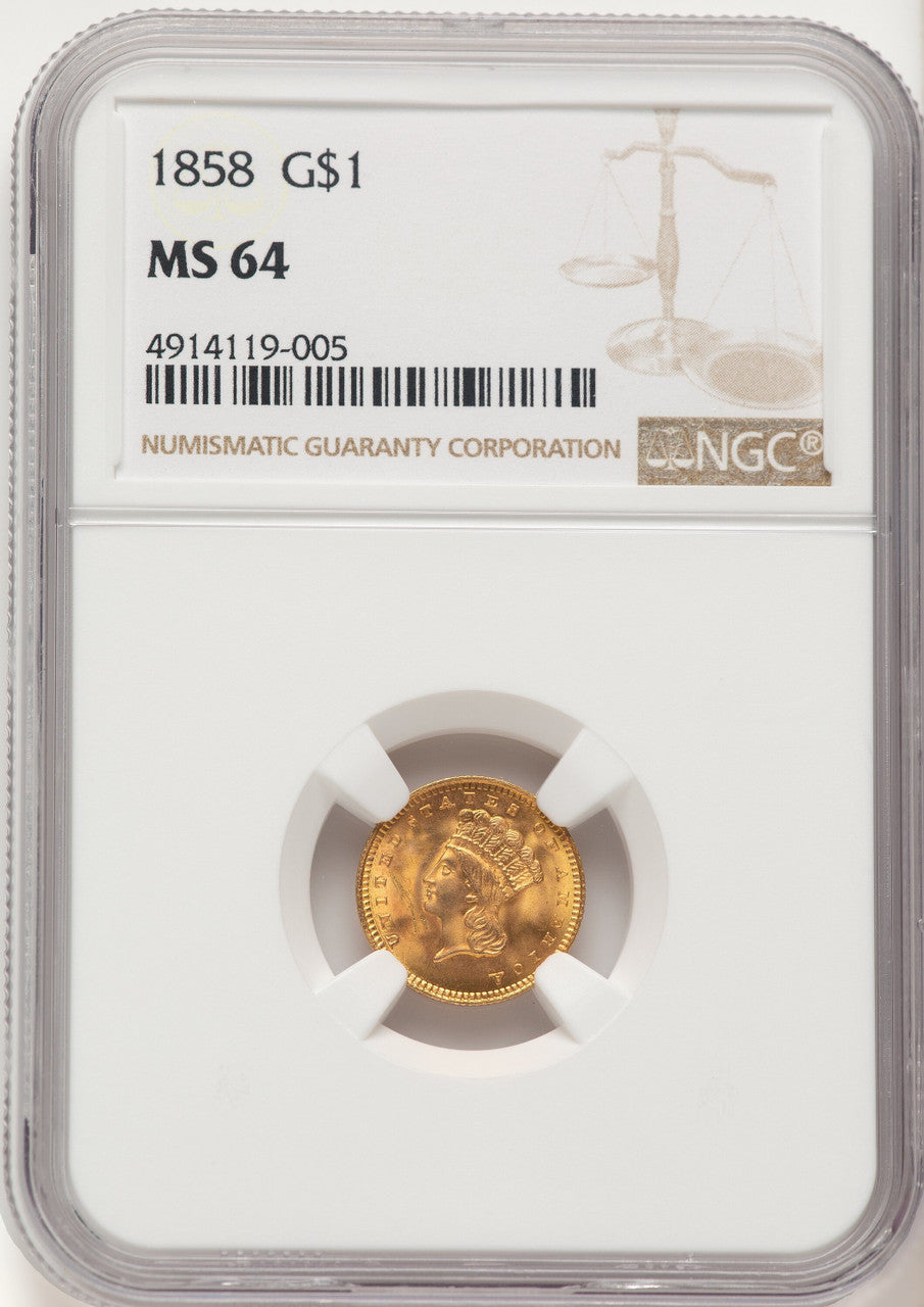 1858 G$1 Gold Dollar NGC MS64