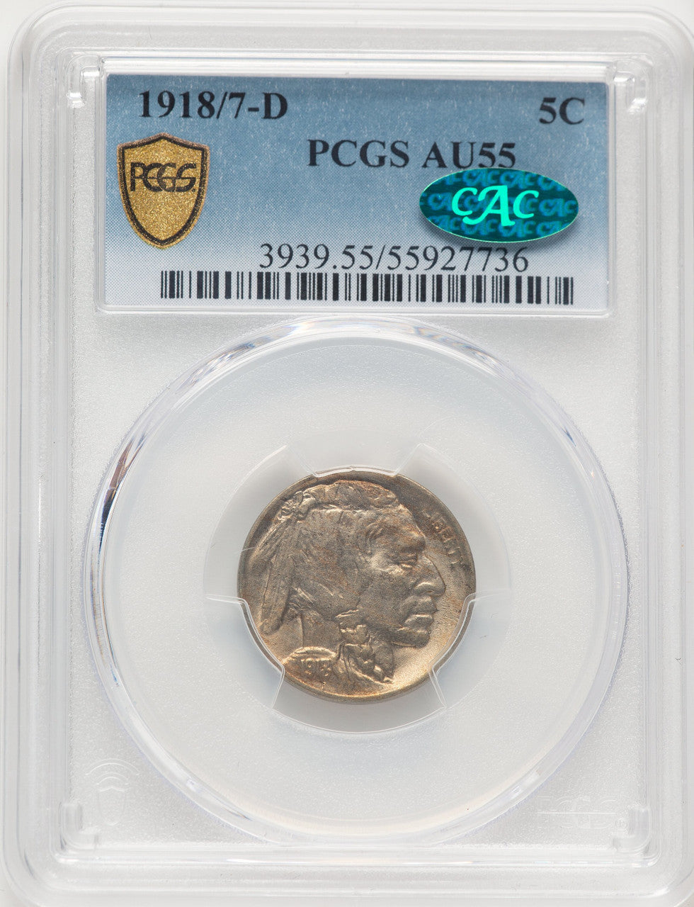 1918/7-D 5C CAC Buffalo Nickel PCGS AU55