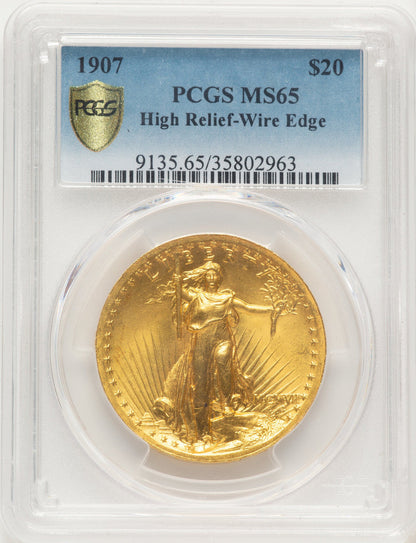 1907 $20 Wire Rim High Relief Double Eagle PCGS MS65