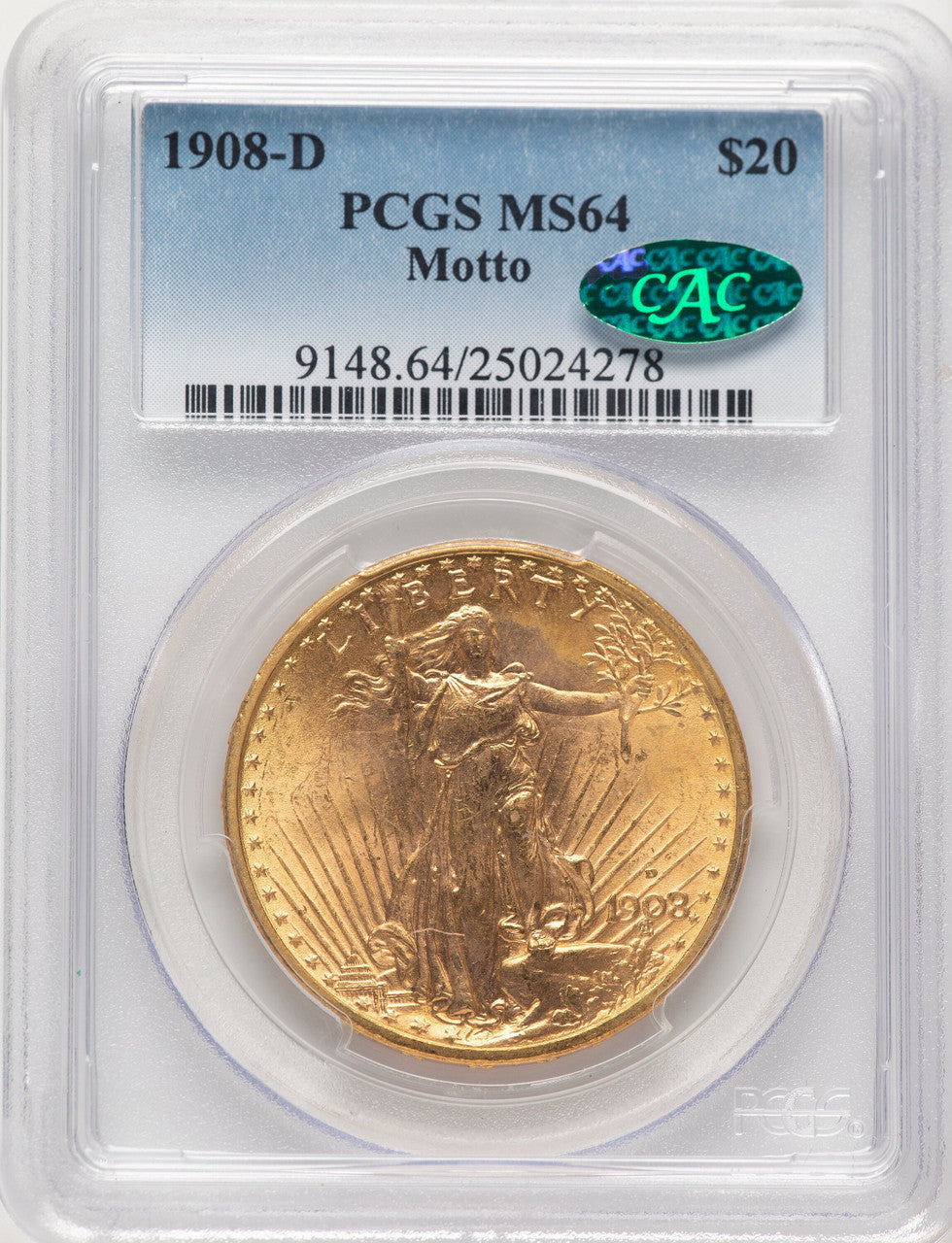 1908-D $20 MOTTO CAC Saint-Gaudens Double Eagle PCGS MS64