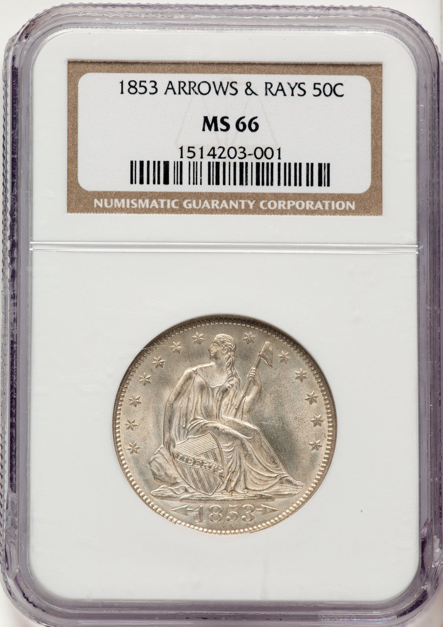 1853 50C Arrow and Rays Seated Half Dollar NGC MS66