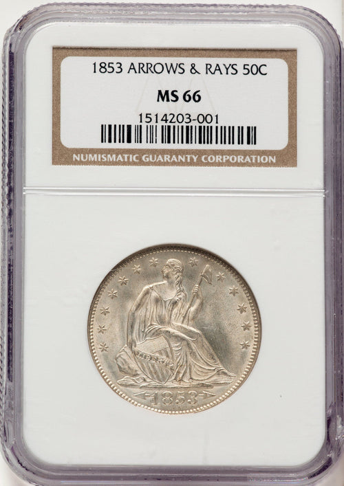 1853 50C Arrow and Rays Seated Half Dollar NGC MS66