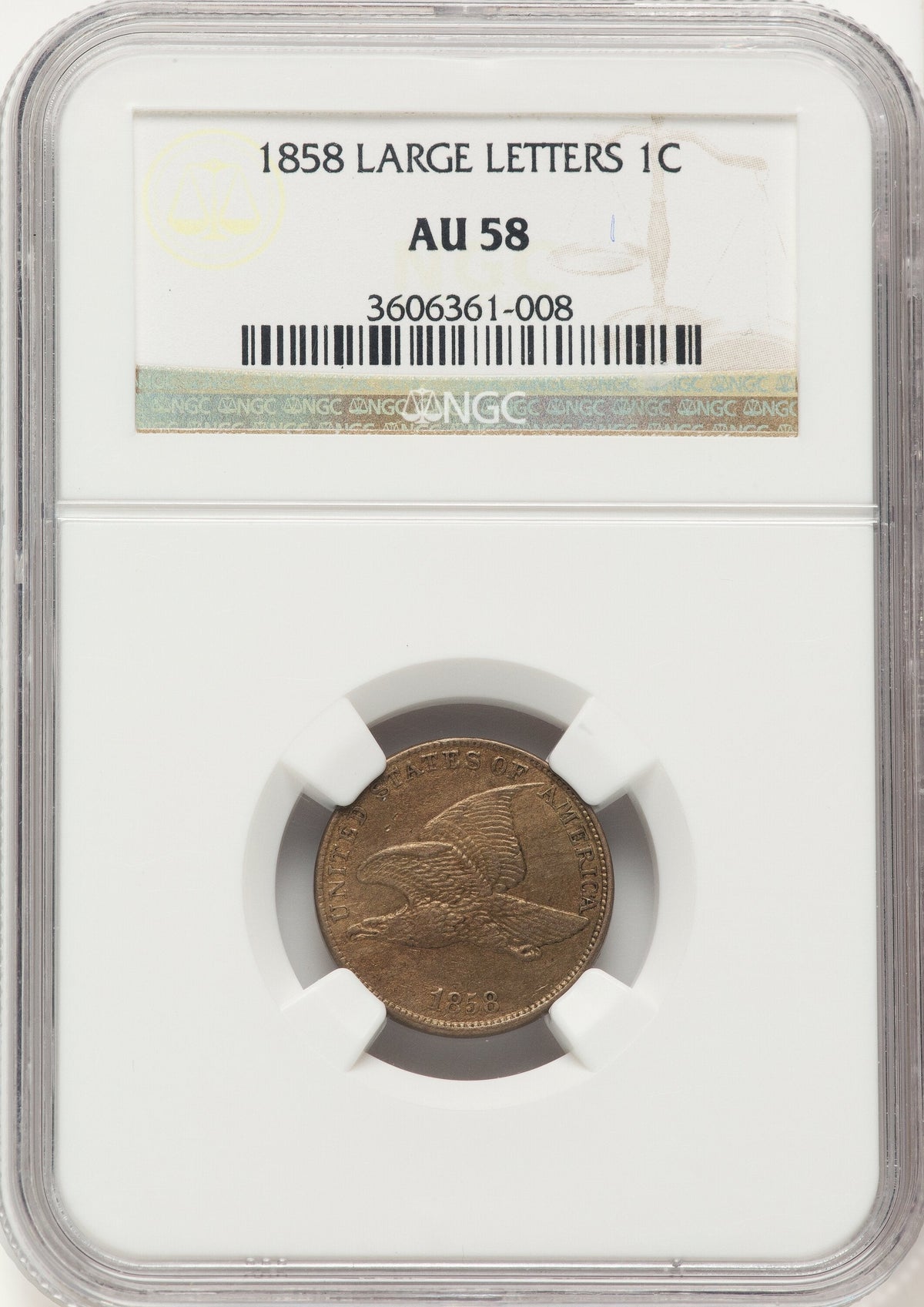 1858 1C Large Letters Flying Eagle Cent NGC AU58