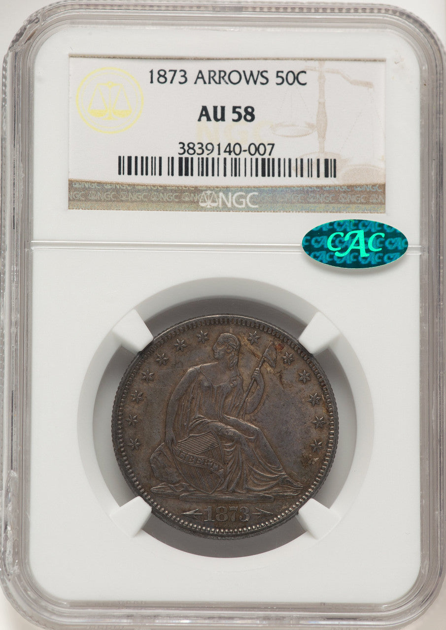 1873 50C Arrows CAC Seated Half Dollar NGC AU58