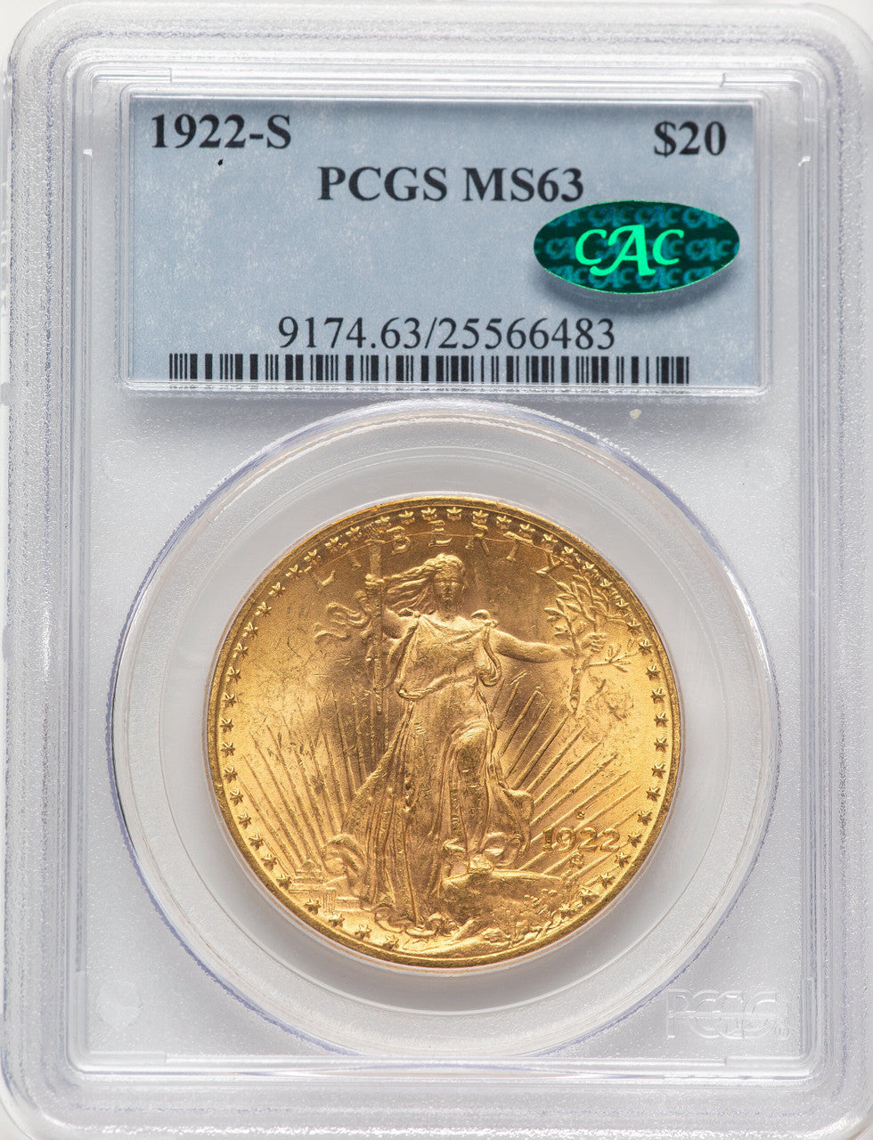 1922-S $20 CAC Saint-Gaudens Double Eagle PCGS MS63