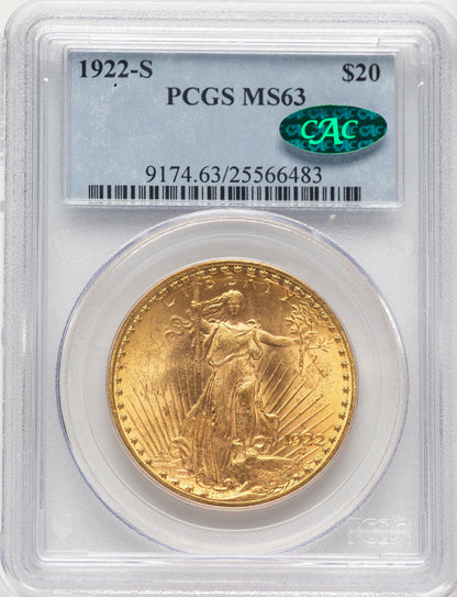 1922-S $20 CAC Saint-Gaudens Double Eagle PCGS MS63