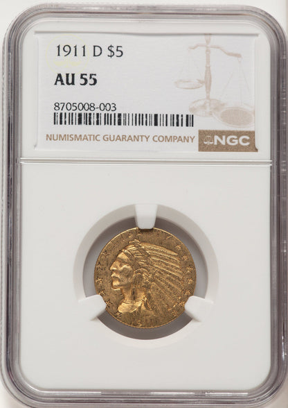 1911-D $5 Indian Half Eagle NGC AU55