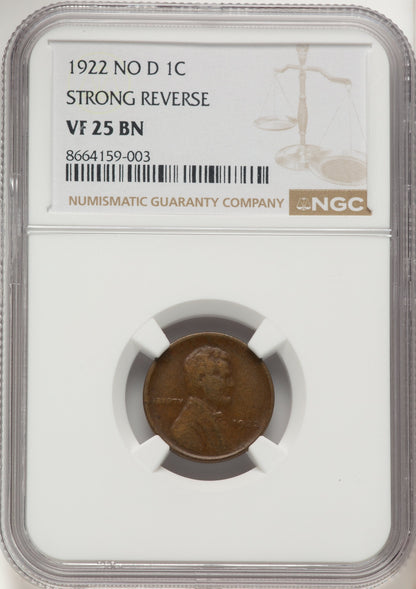 1922 No D Strong Reverse BN Lincoln Cent NGC VF25