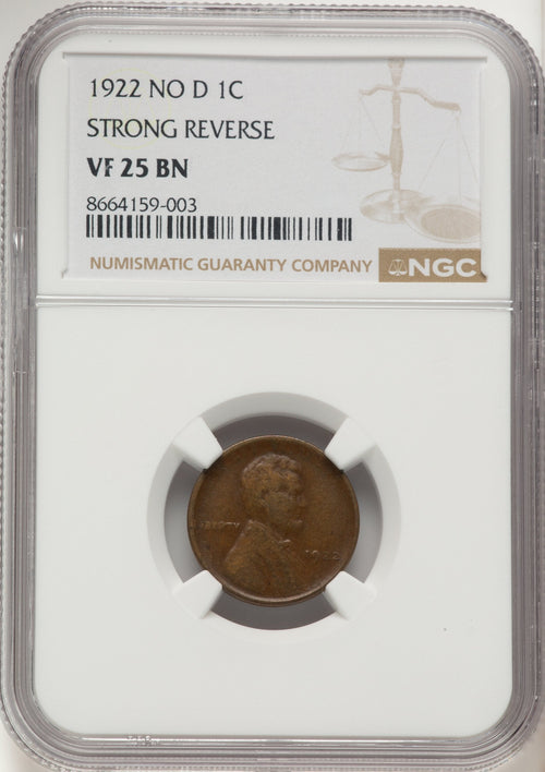 1922 No D Strong Reverse BN Lincoln Cent NGC VF25