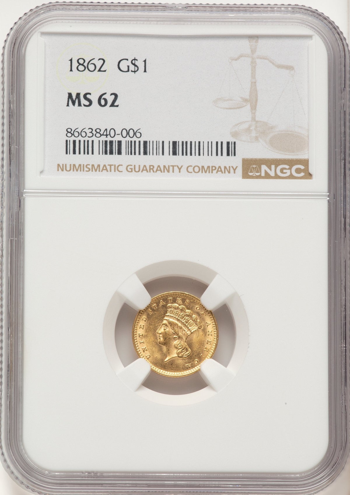 1862 G$1 Gold Dollar NGC MS62