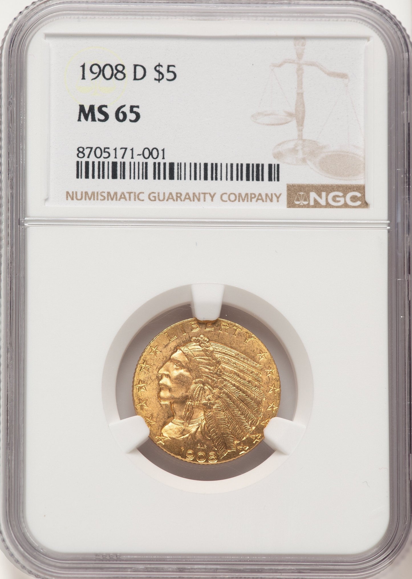 1908-D $5 Indian Half Eagle NGC MS65