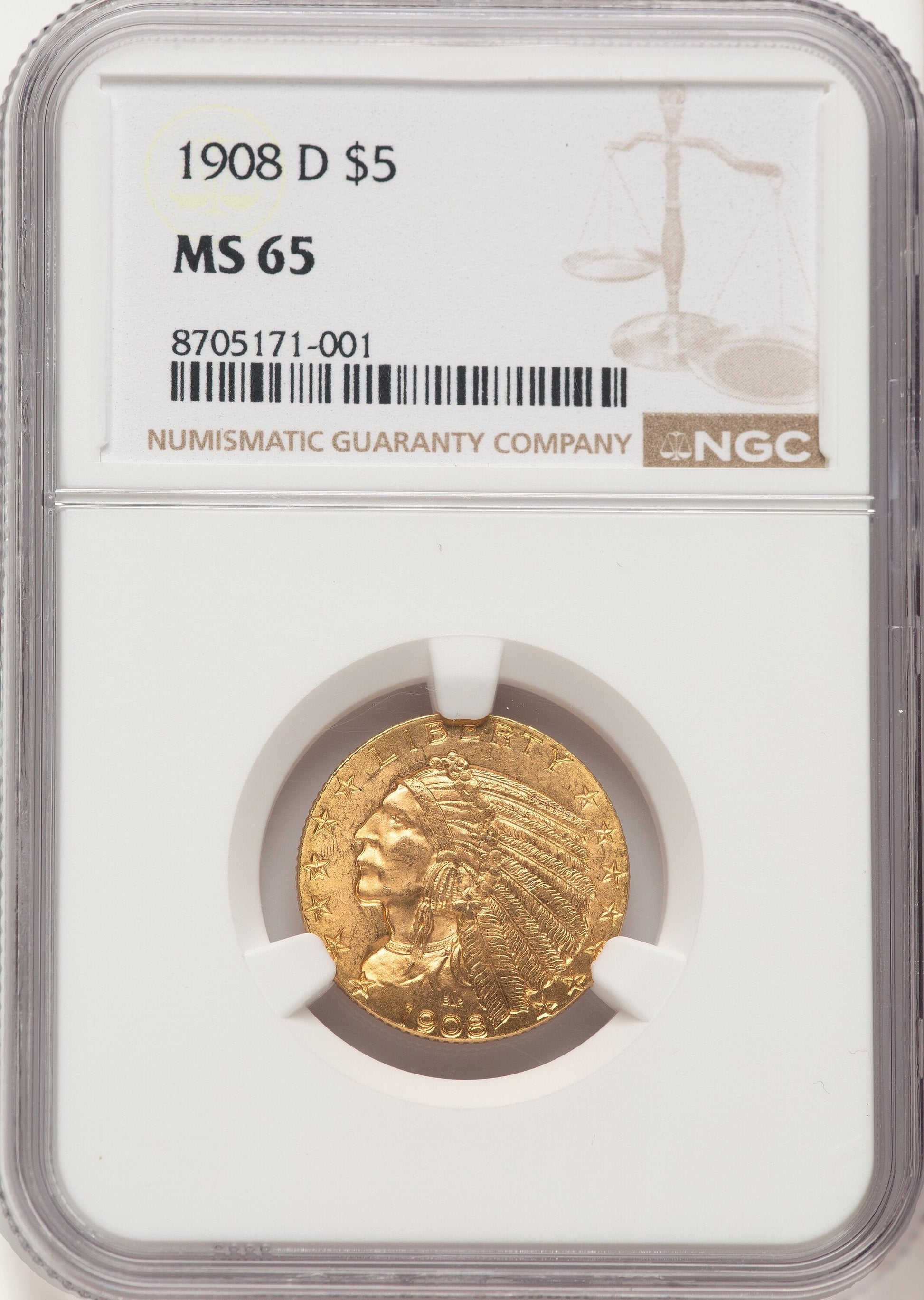 1908-D $5 Indian Half Eagle NGC MS65