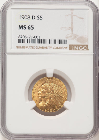 1908-D $5 Indian Half Eagle NGC MS65