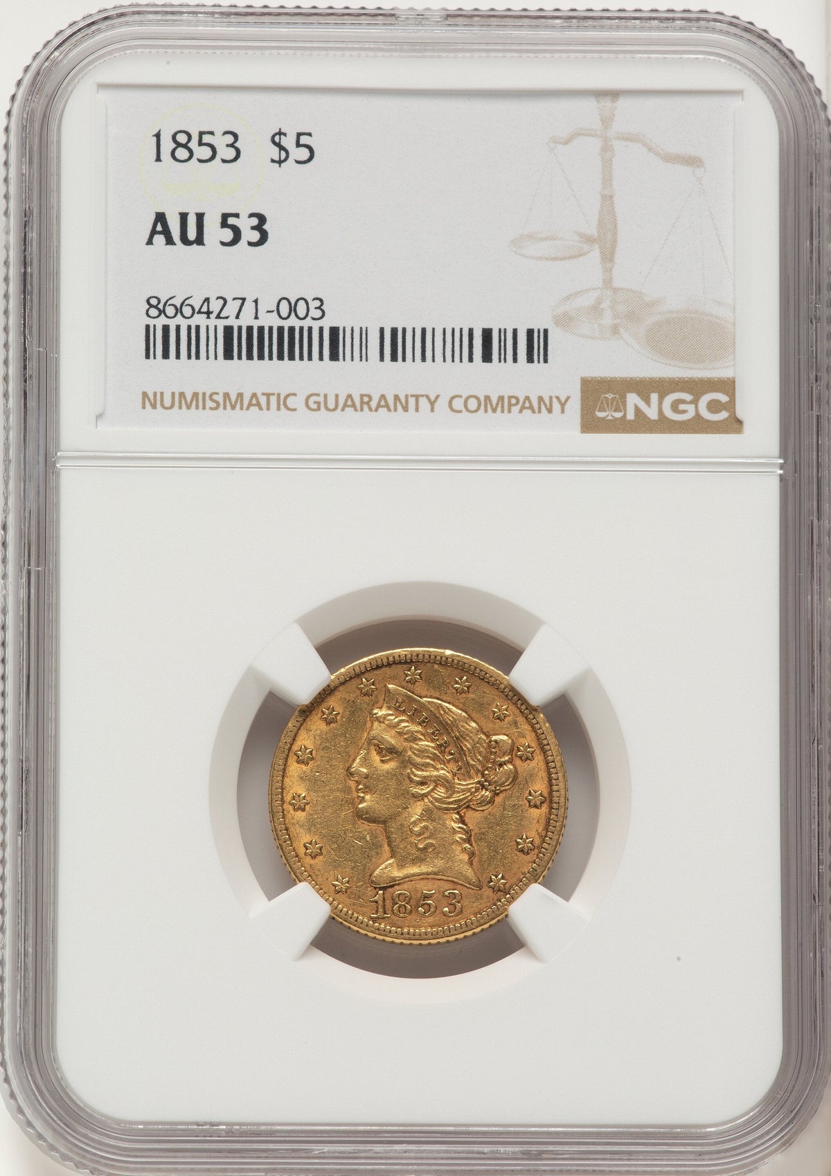 1853 $5 Liberty Half Eagle NGC AU53