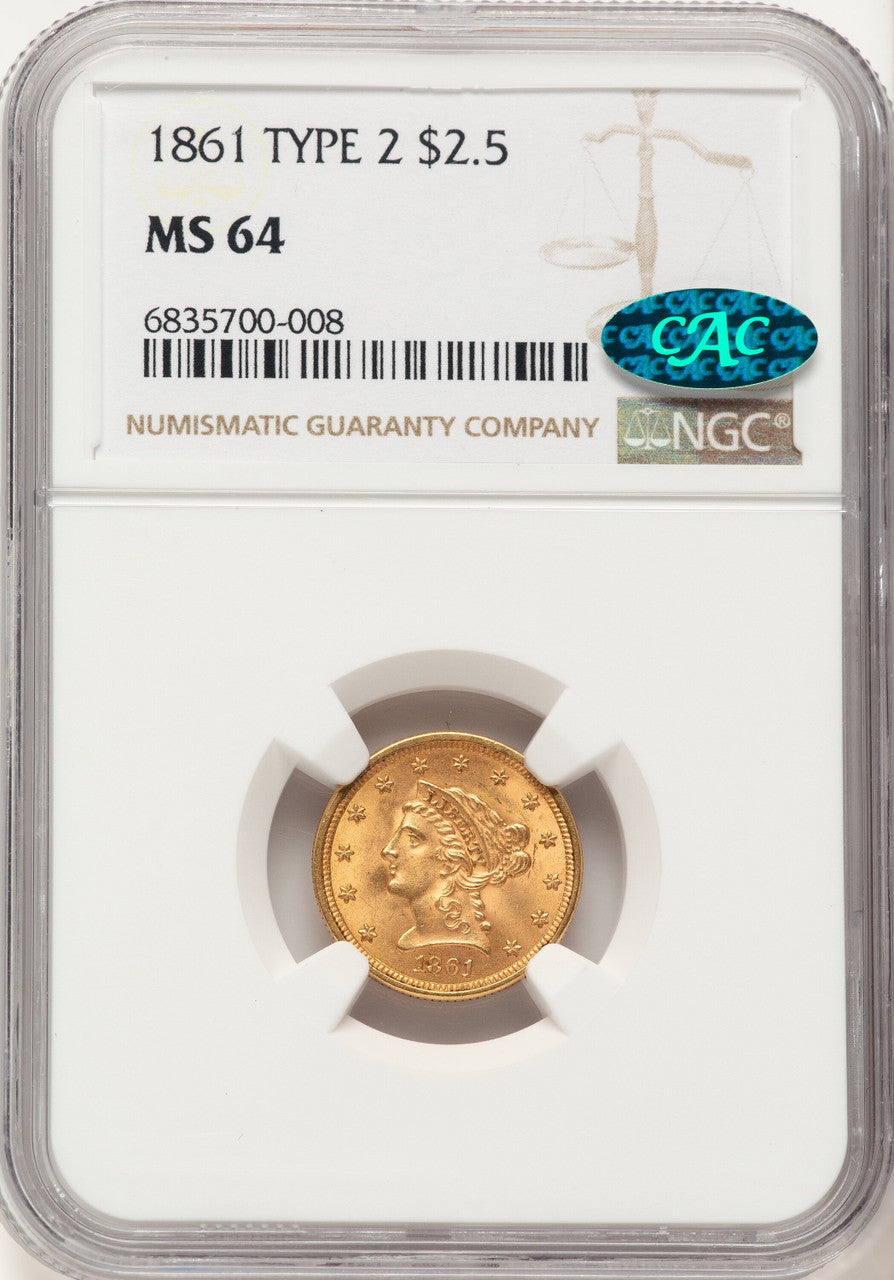 1861 $2.50 New Reverse Type 2 CAC Liberty Quarter Eagle NGC MS64