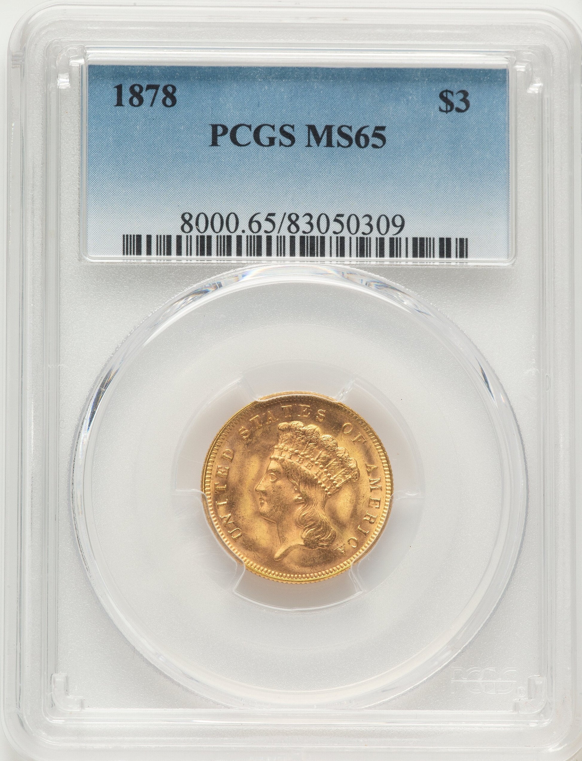 1878 $3 Three Dollar Gold Pieces PCGS MS65
