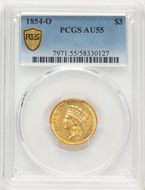 1854-O $3 Three Dollar Gold Pieces PCGS AU55
