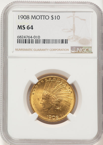 1908 $10 MOTTO Indian Eagle NGC MS64