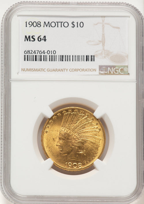 1908 $10 MOTTO Indian Eagle NGC MS64
