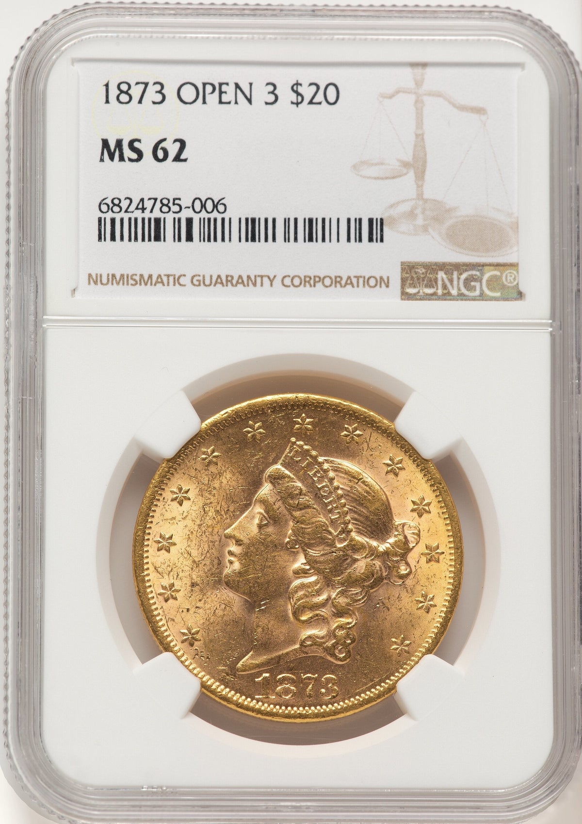 1873 $20 OPEN 3 Liberty Double Eagle NGC MS62