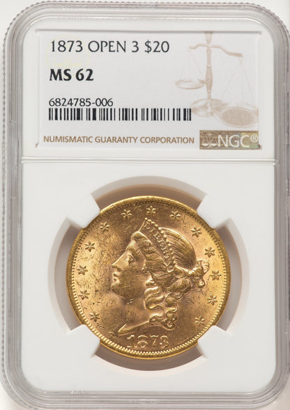 1873 $20 OPEN 3 Liberty Double Eagle NGC MS62
