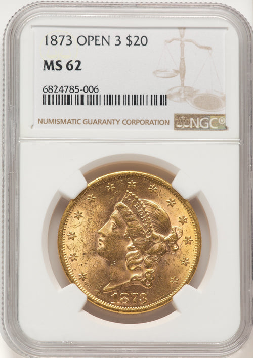 1873 $20 OPEN 3 Liberty Double Eagle NGC MS62