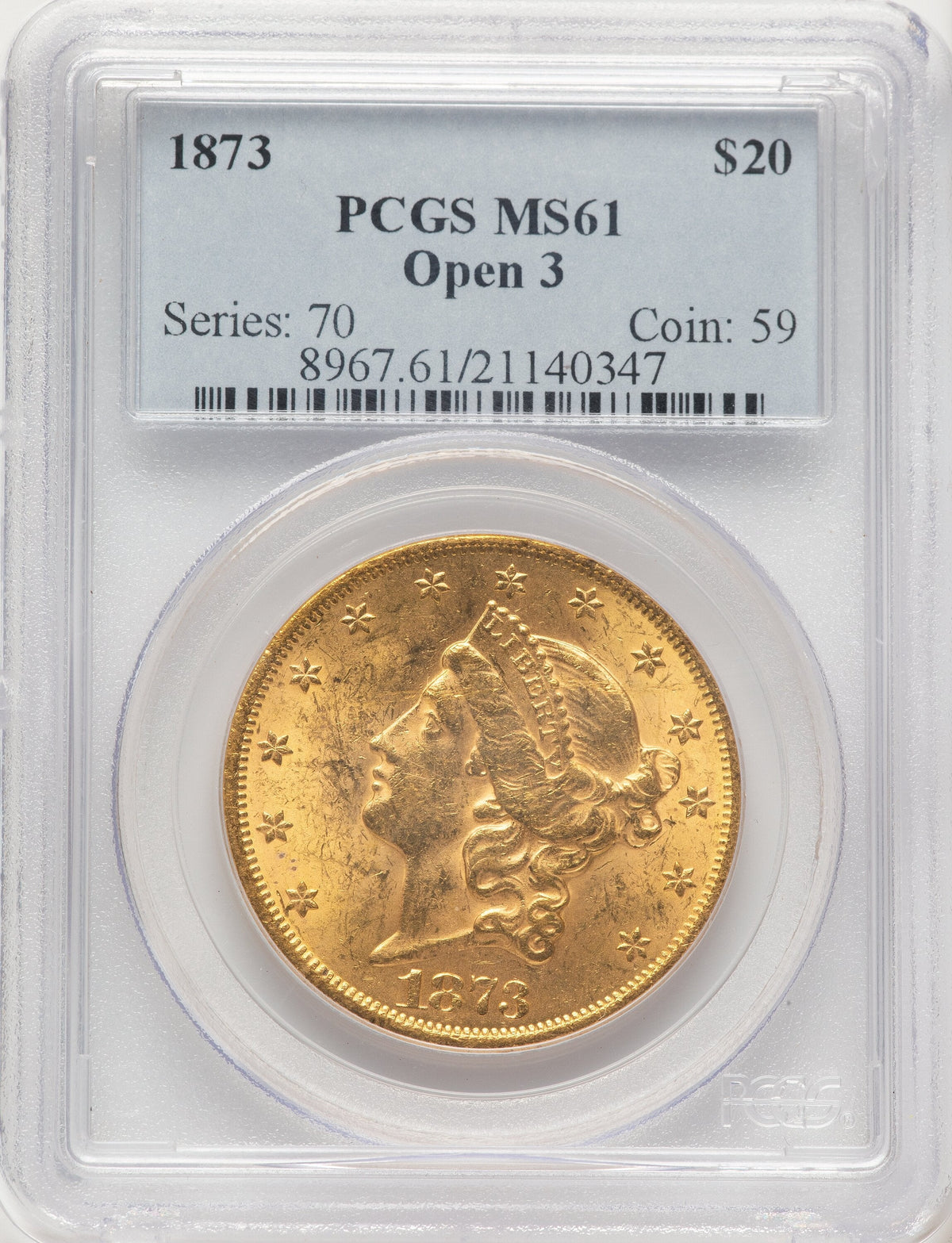 1873 $20 OPEN 3 Liberty Double Eagle PCGS MS61