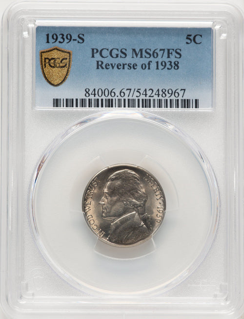 1939-S 5C Reverse of 1938 FS Jefferson Nickel PCGS MS67 (784676001)