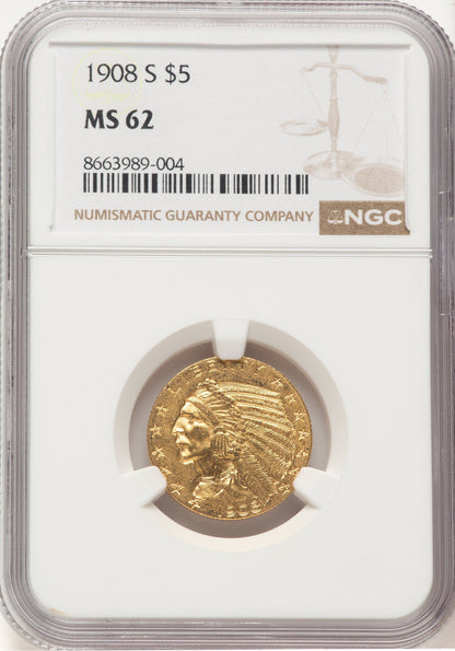 1908-S $5 Indian Half Eagle NGC MS62