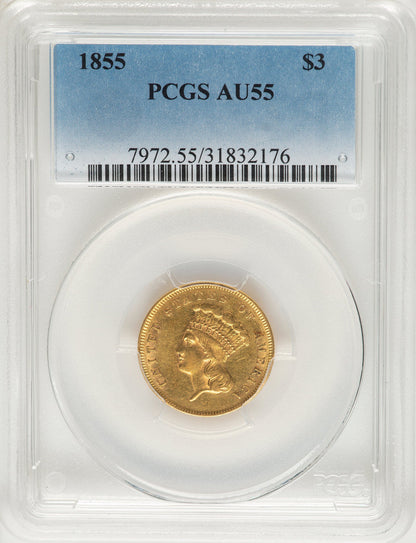 1855 $3 Three Dollar Gold Pieces PCGS AU55