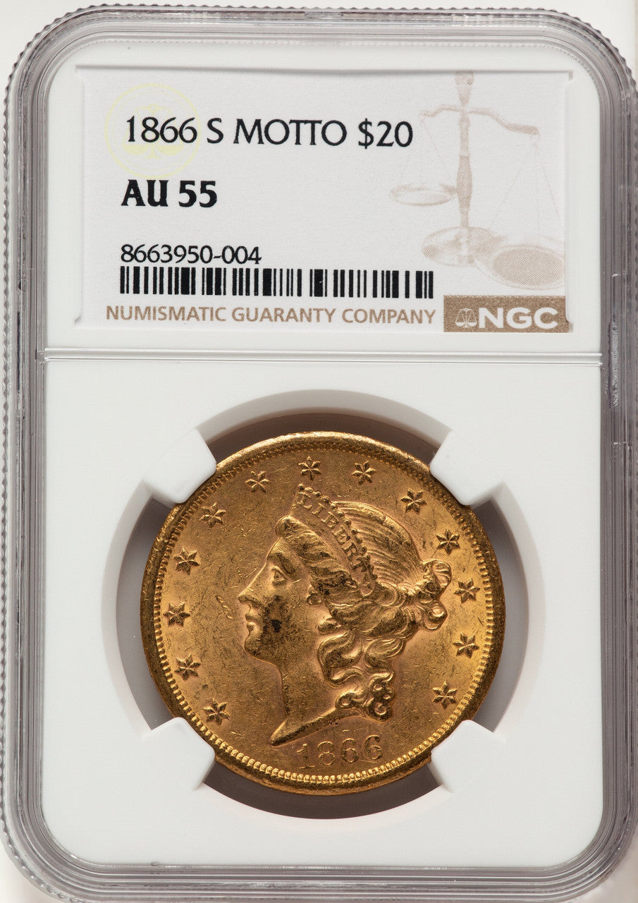 1866-S $20 MOTTO Liberty Double Eagle NGC AU55