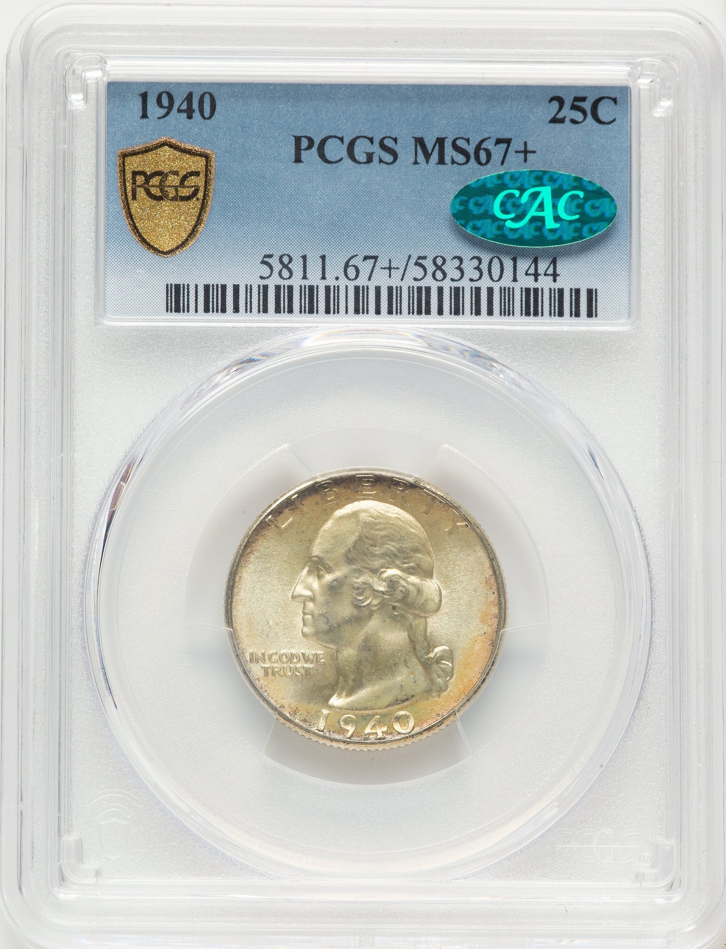 1940 25C CAC Washington Quarter PCGS MS67+
