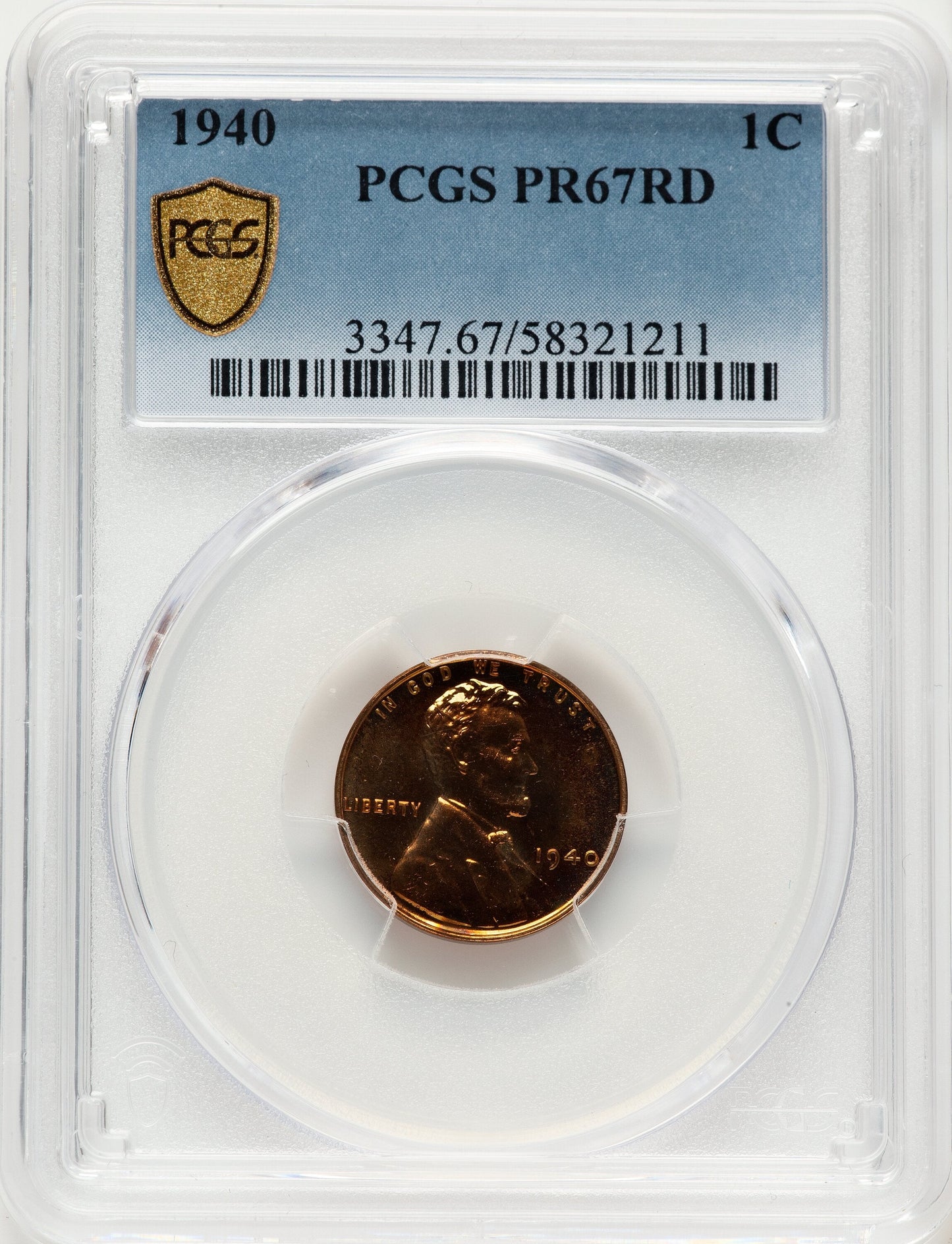 1940 1C RD Proof Lincoln Cent PCGS PR67