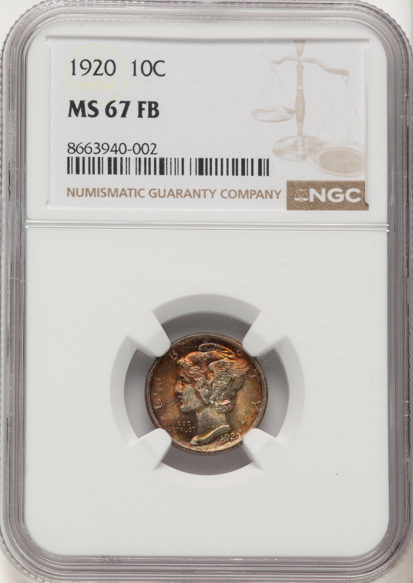 1920 10C FB Mercury Dime NGC MS67