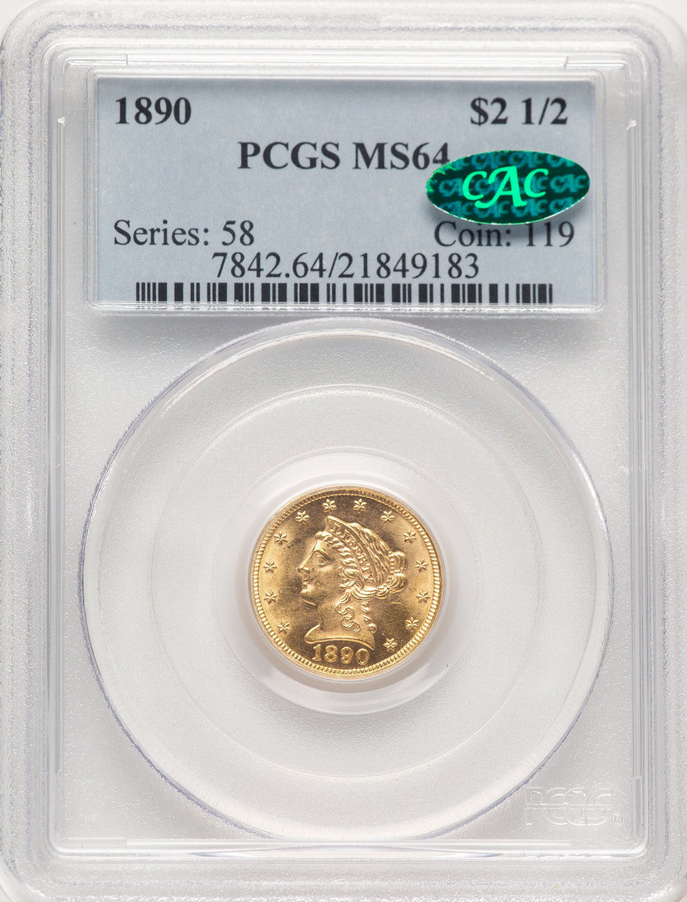 1890 $2.50 CAC Liberty Quarter Eagle PCGS MS64