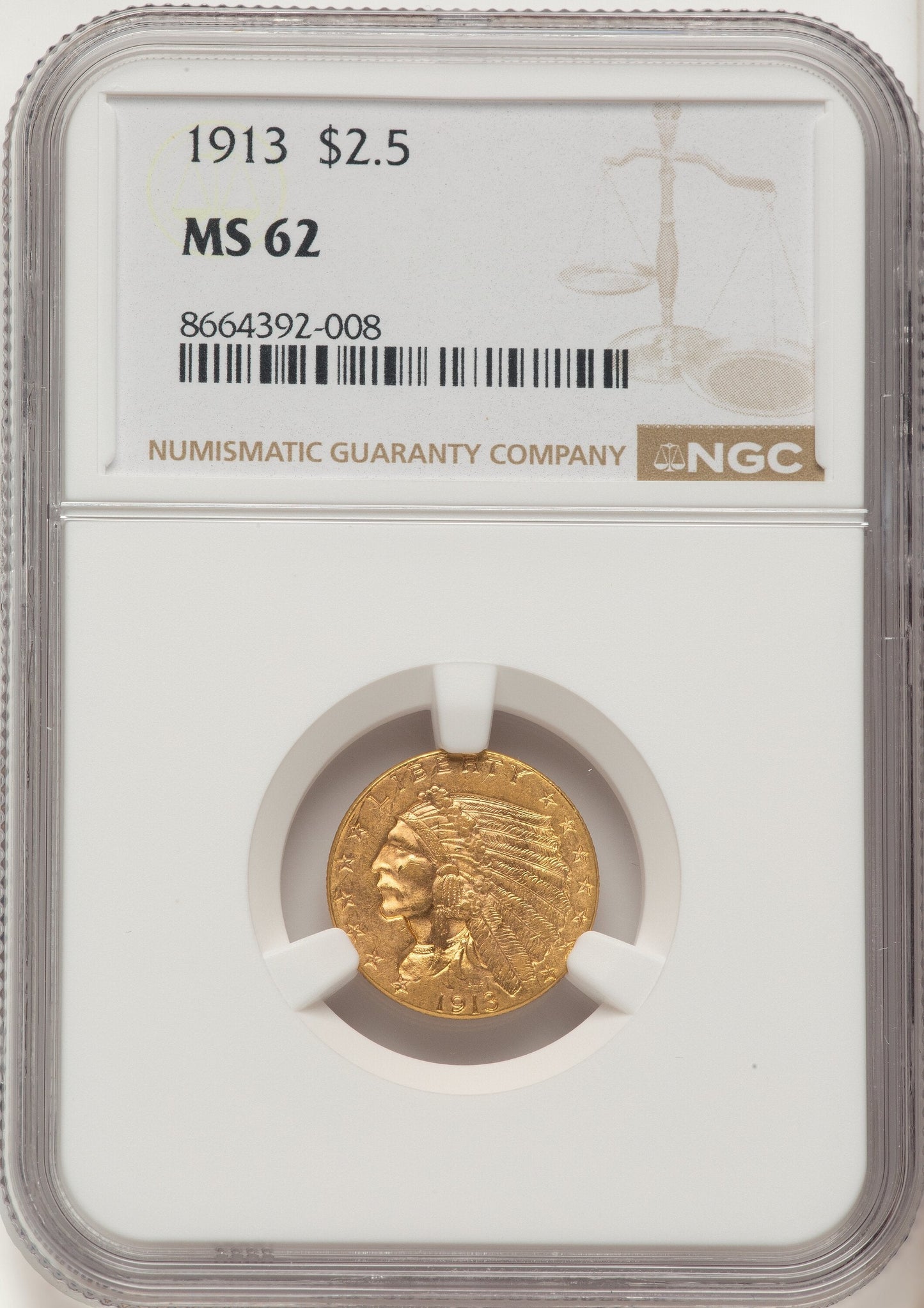 1913 $2.50 Indian Quarter Eagle NGC MS62