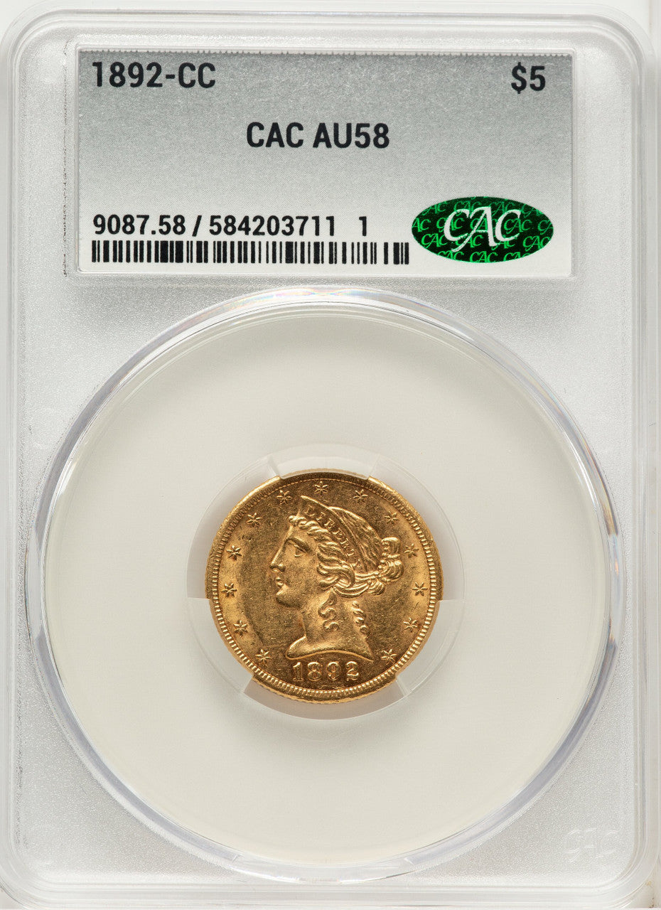 1892-CC $5 Liberty Half Eagle CACG AU58