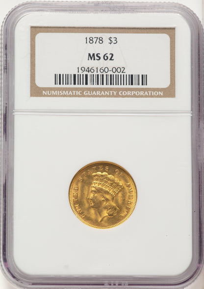 1878 $3 Three Dollar Gold Pieces NGC MS62