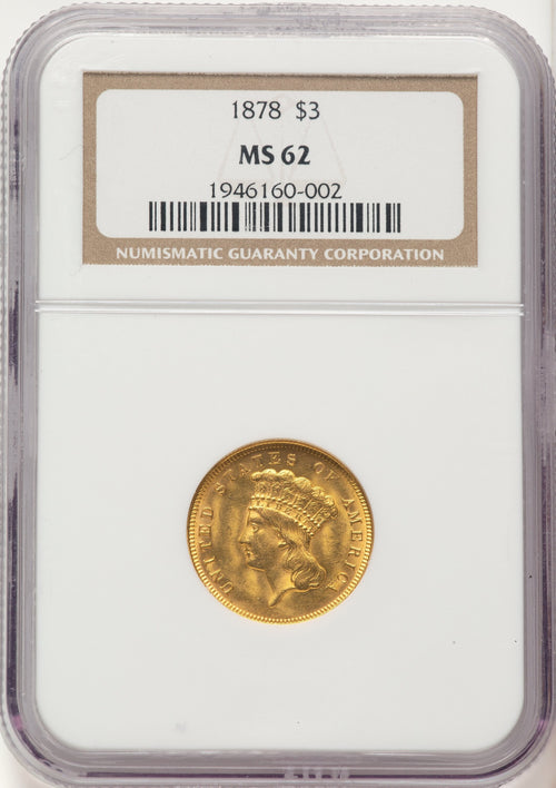 1878 $3 Three Dollar Gold Pieces NGC MS62