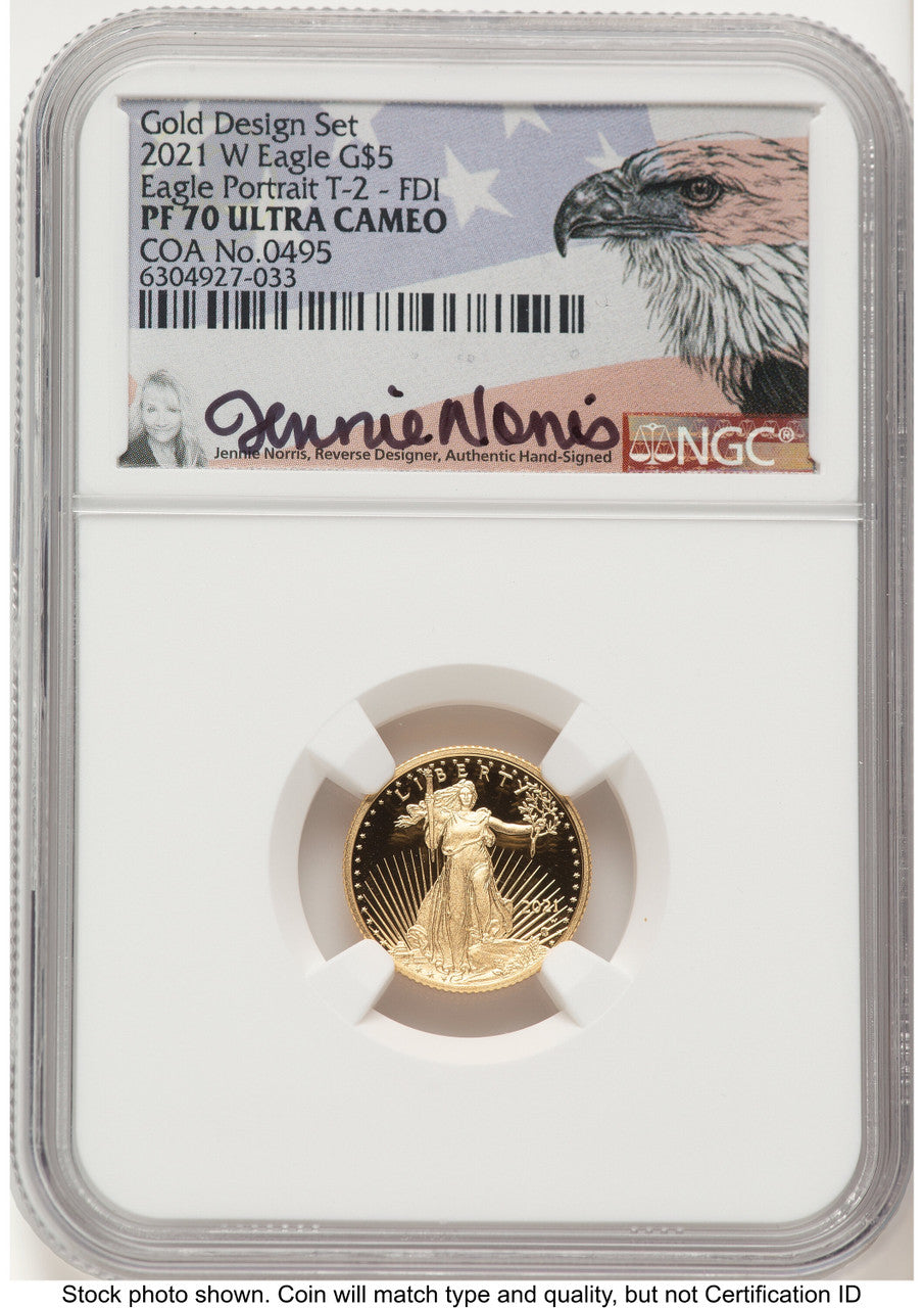 2021-W Type 2 Proof Gold Eagle 1/10 oz FDI Jennie Eagle Flag NGC PF70 Norris