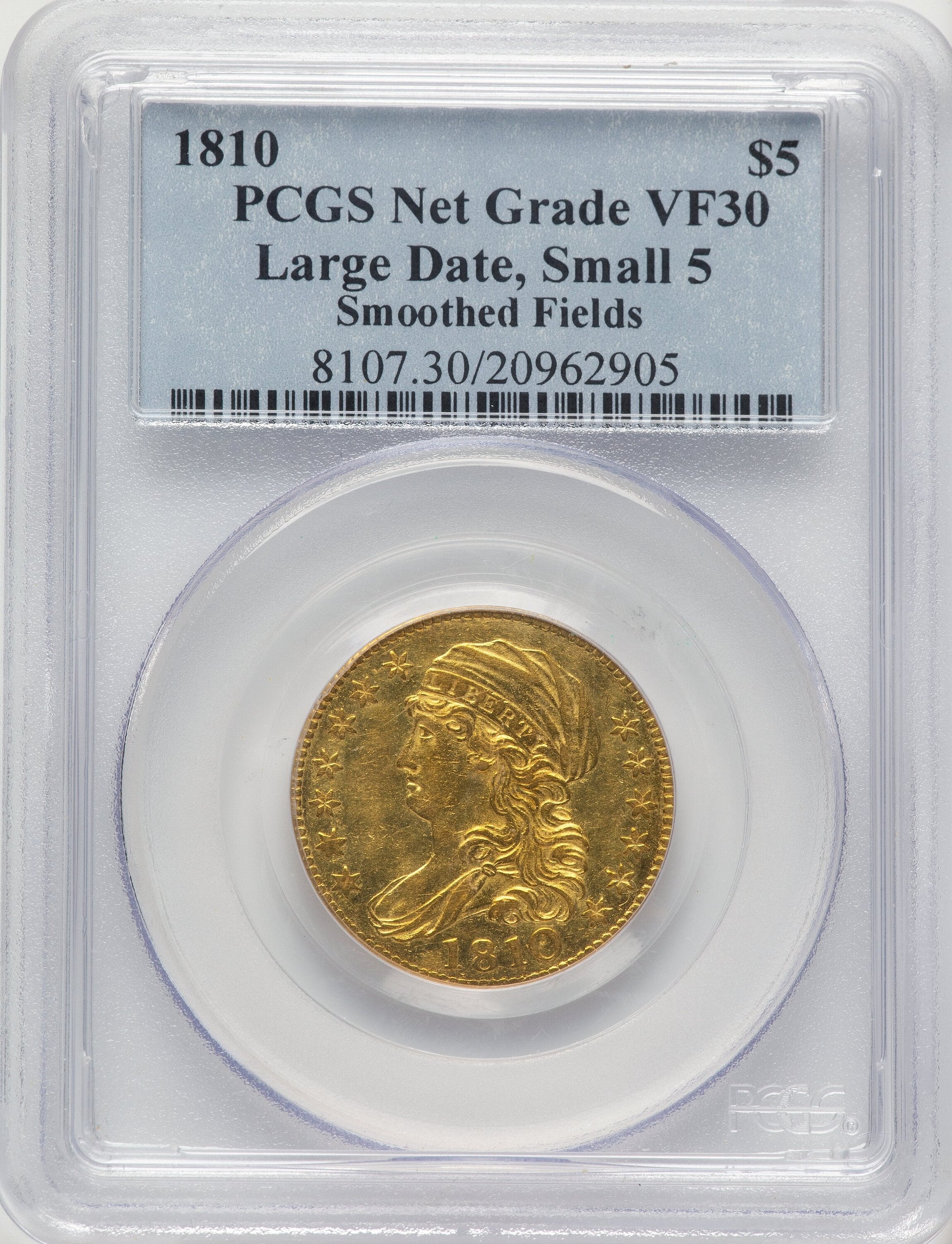 1810 $5 Large Date Small 5 Early Half Eagle PCGS VF30
