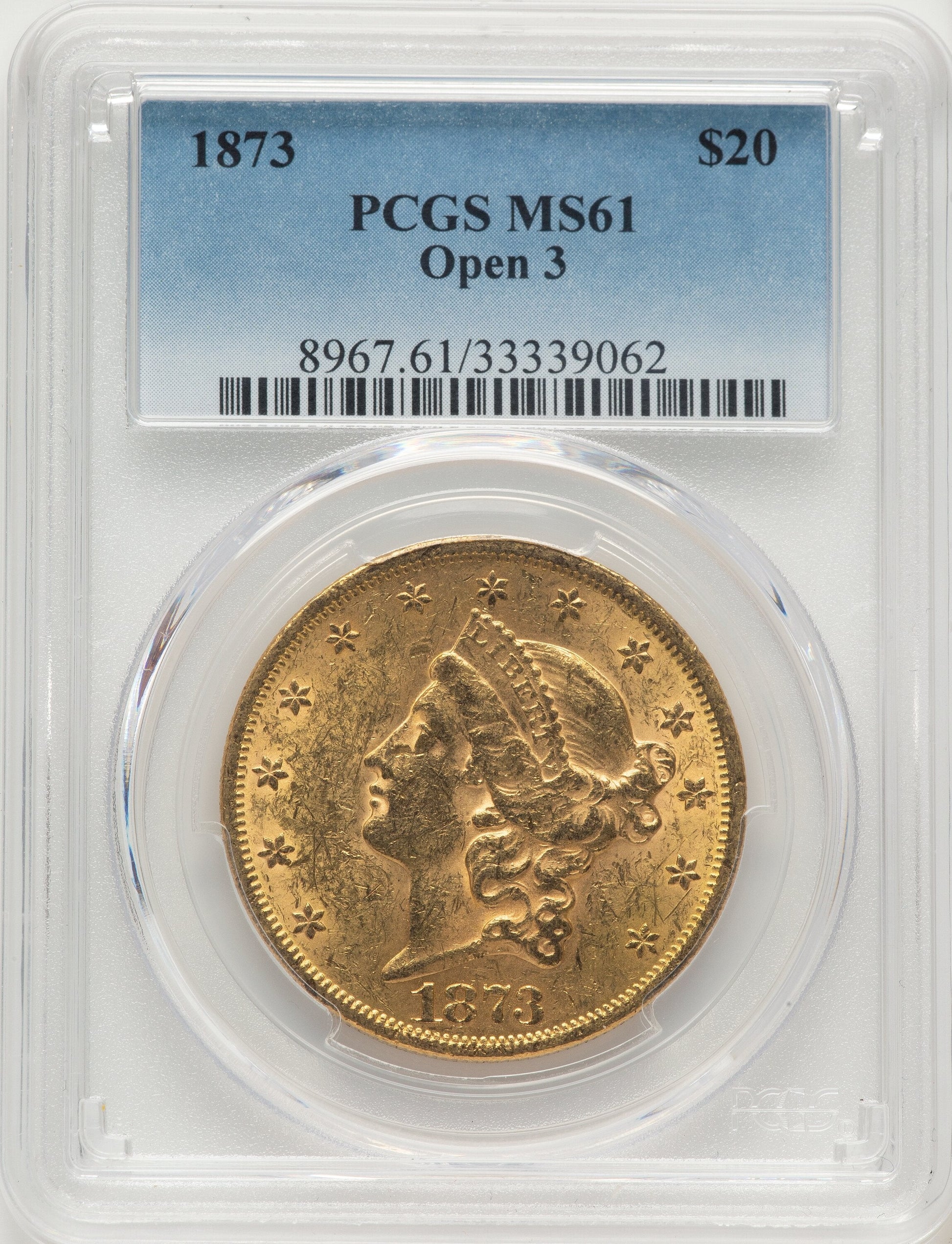 1873 $20 OPEN 3 Liberty Double Eagle PCGS MS61