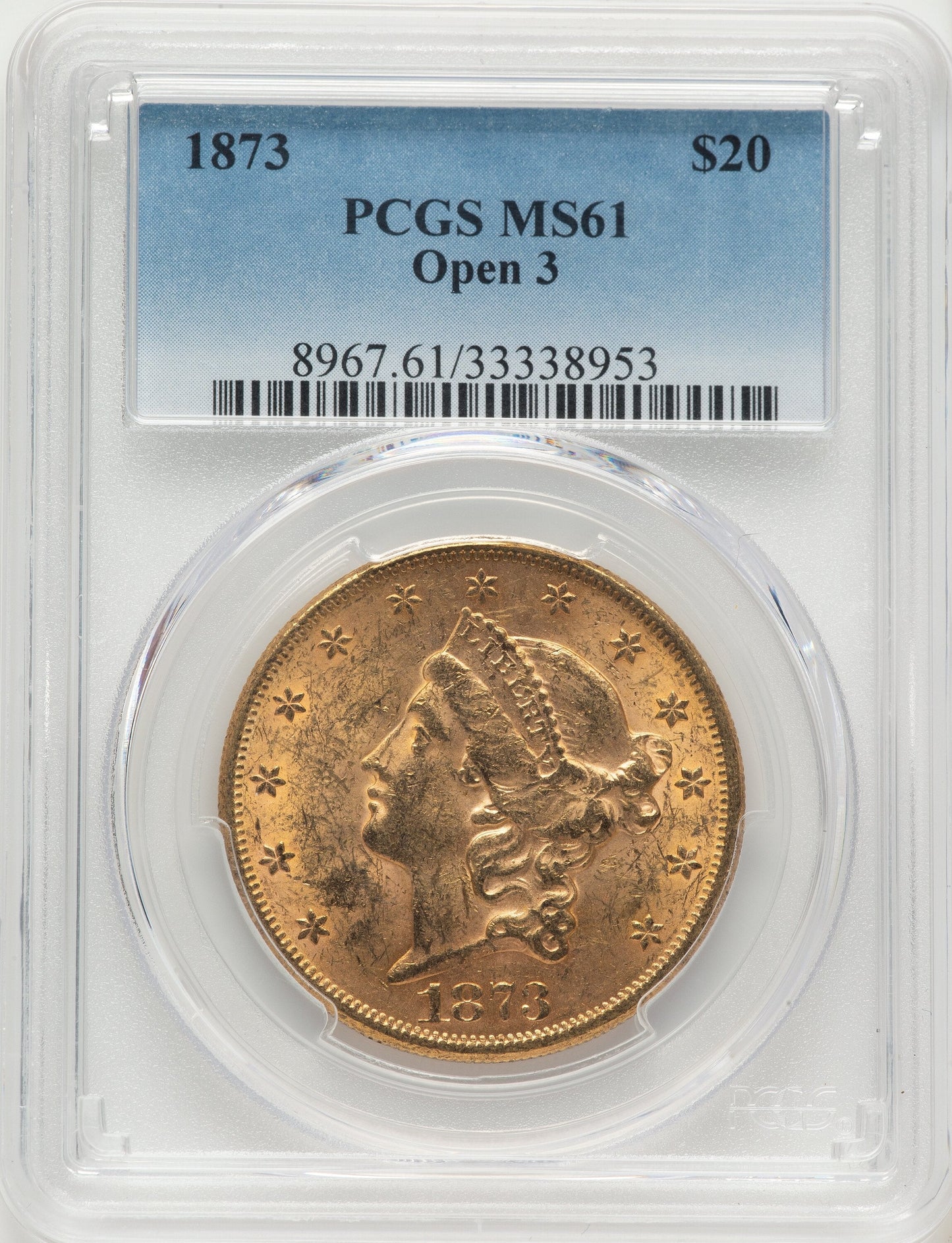 1873 $20 OPEN 3 Liberty Double Eagle PCGS MS61