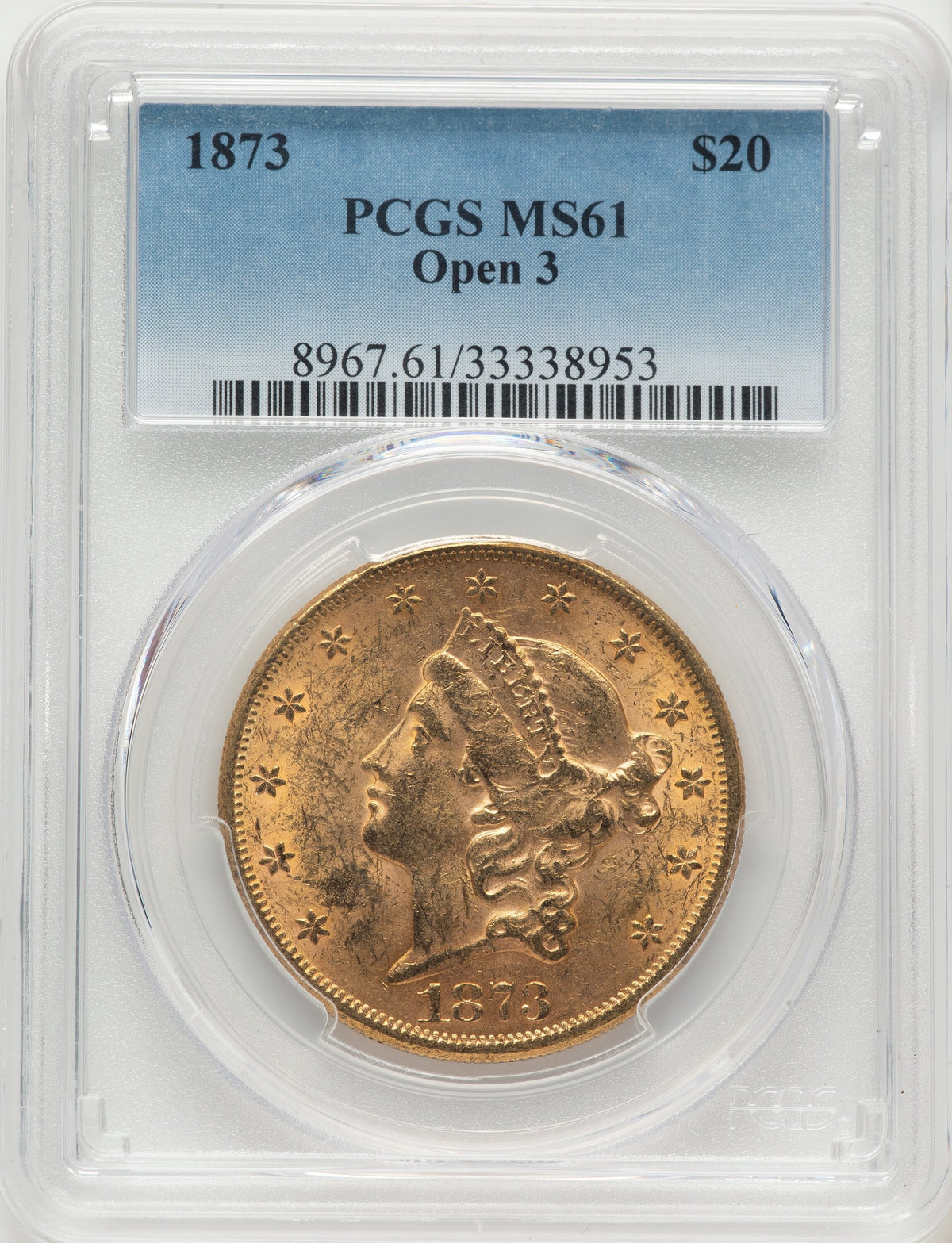 1873 $20 OPEN 3 Liberty Double Eagle PCGS MS61