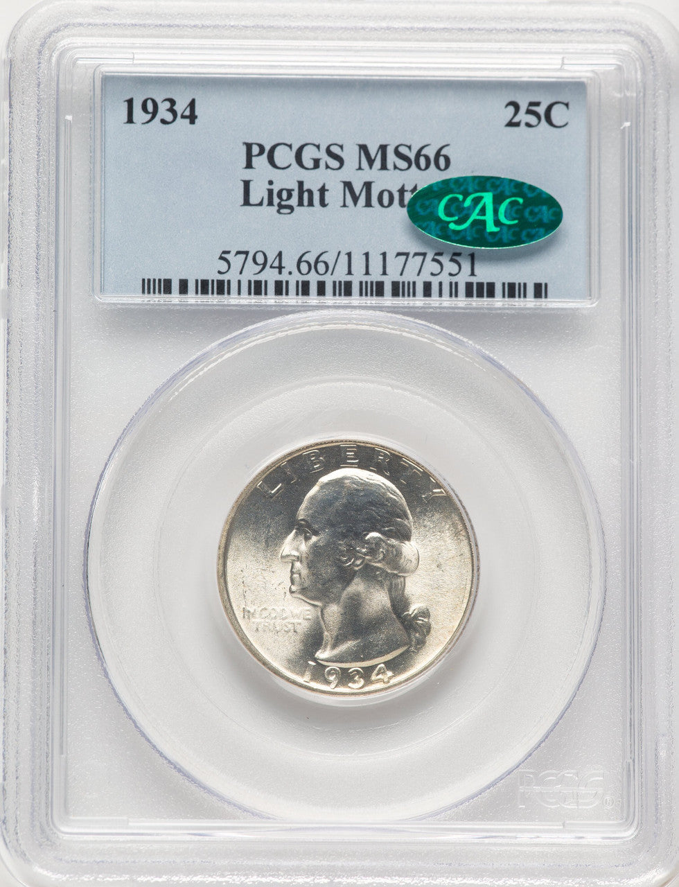 1934 25C Light Motto CAC Washington Quarter PCGS MS66